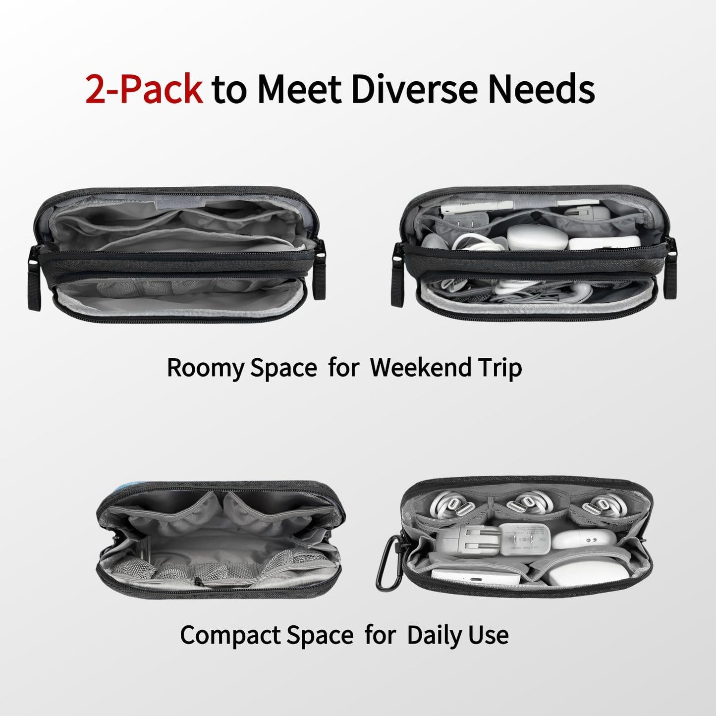 Travel Tech Carrying Pouch - Portable Electronics Organizer Travel Case, Portable Tech Organizer, All-in-One Storage Bag for Charging Cable (2 Pack, Black, Medium+Small)