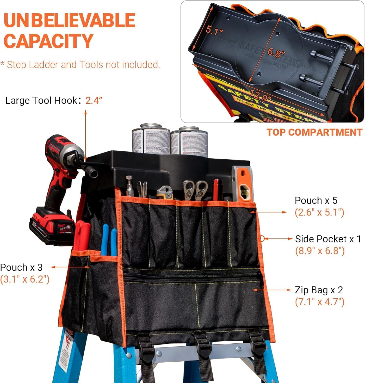 Ladder Organizer with Tool Bag and Slide-Out Tray, High Storage Capacity, OSHA Compliant Steps