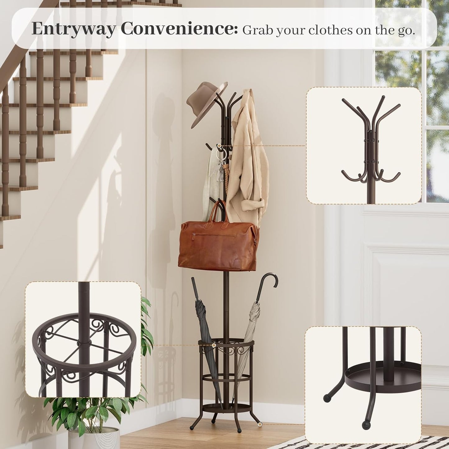 Coat Rack Freestanding With Umbrella Holder – Metal Hall Tree with 12 Hooks, Entryway Organizer for Hats, Bags, and Clothes (Brown)