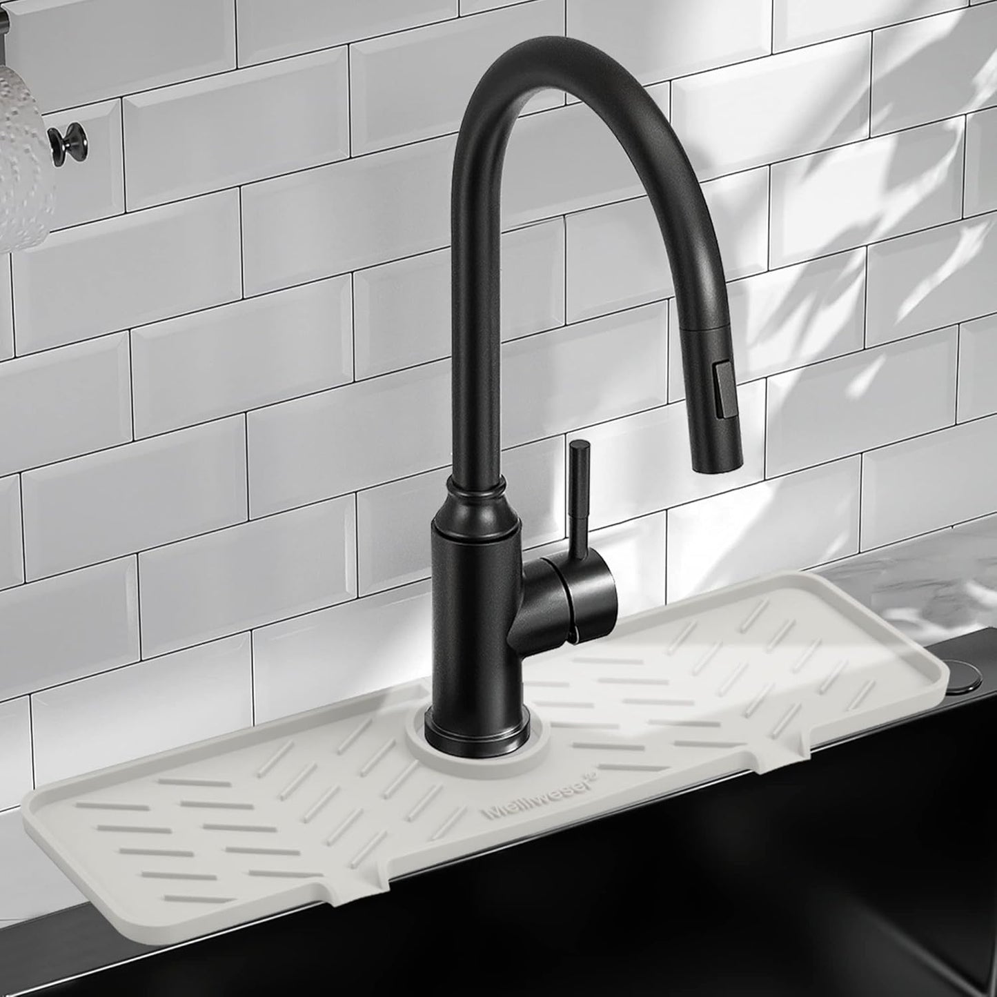 Meiliweser Silicone Faucet Mat for Kitchen Sink – Gen 2 Splash Guard with Upgraded Outlet & Slope – 18” x 5.1” Water Catcher & Sink Sponge Holder for Kitchen and Bathroom (Beige)