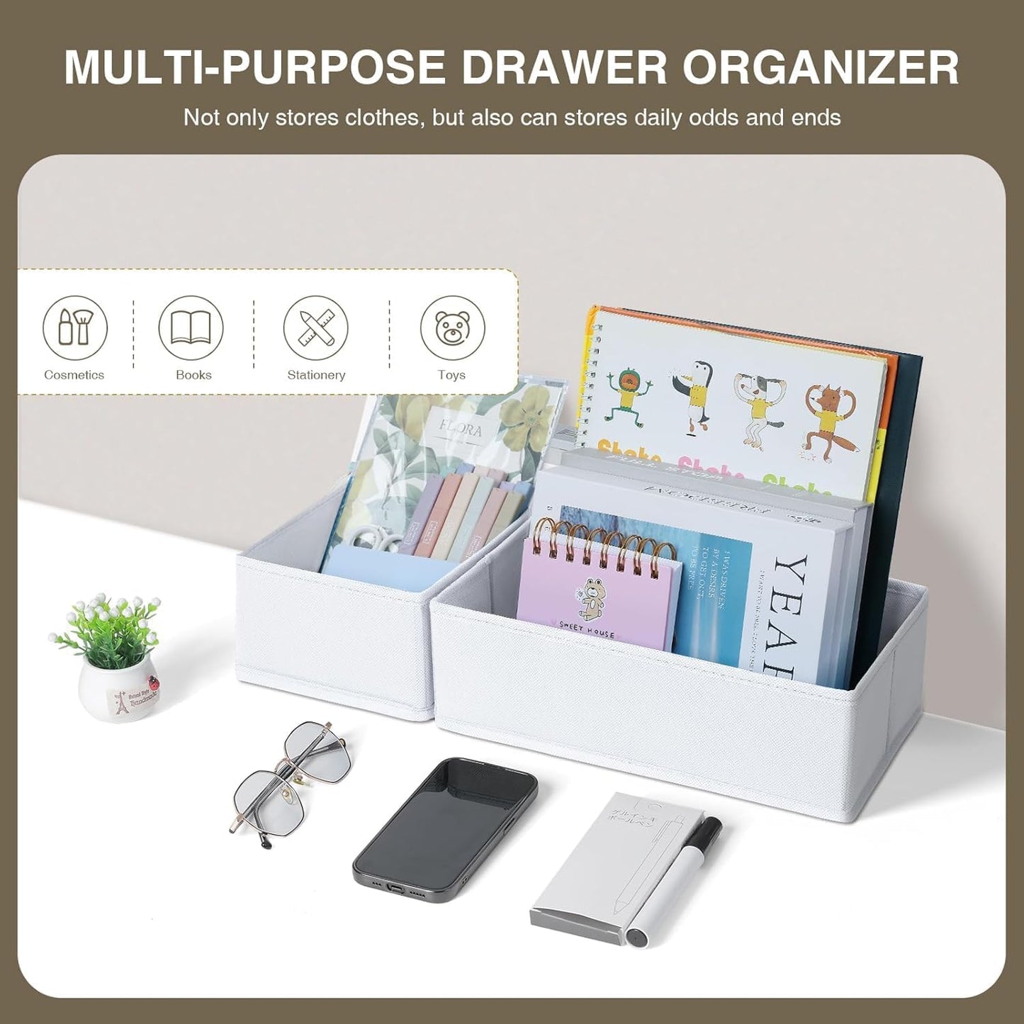 DIMJ Drawer Organizer Clothes, 15 Pack Fabric Drawer Organizer Bins, Foldable Baby Clothes Organizer & Dresser Organizer For Nursery, Clothes, Bedroom, Closet, Socks, Bra, Tie,White