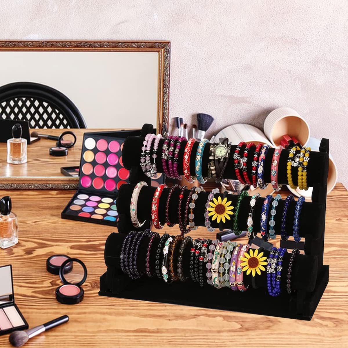 Barelove Velvet Bracelet Holder with 3 Tier Rack, Black T-Bar Storage Organizer Detachable Display Stand for Necklace Watch Bangles Bracelets Scrunchies Organization Showcase