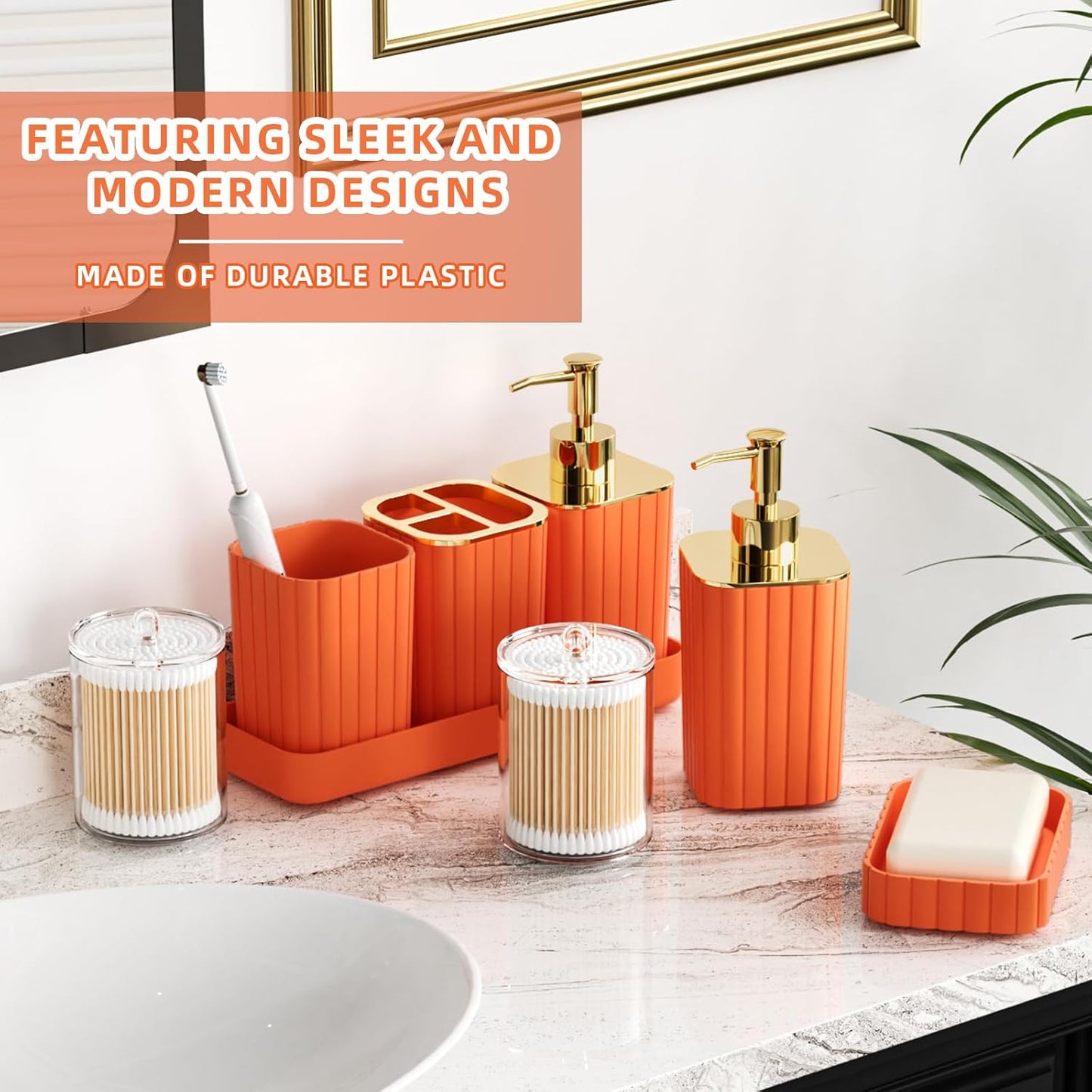 Bathroom Accessories Set - 25PC Bathroom Sets with Shower Curtain and Rugs, Orange Bathroom Accessories with Trash Can, Soap Dispenser, Soap Dish & Toilet Brush