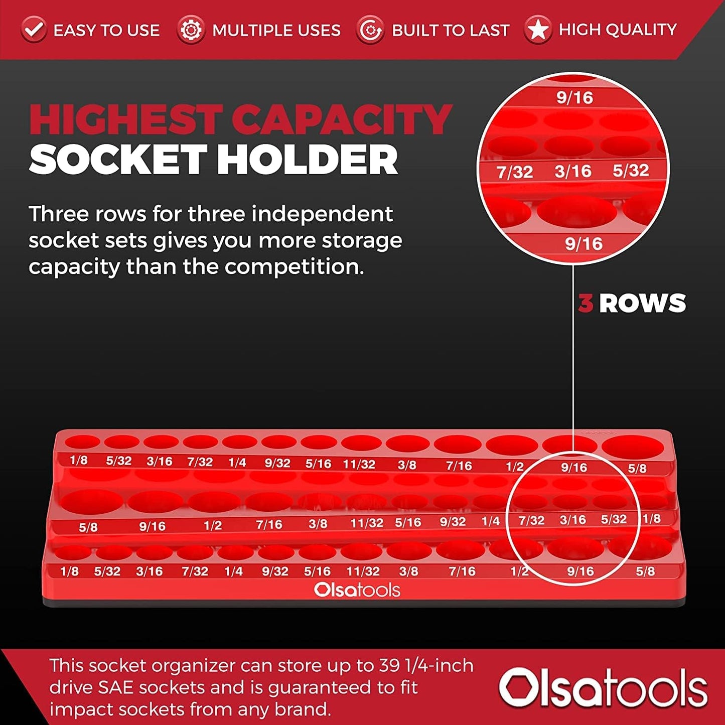 Olsa Tools Magnetic Socket Organizer (1/4-Inch Drive, 3 Row) - Magnetic Tool Organizer & Socket Holder - Tool Box Socket Organizers - SAE Red - Holds 39 Sockets - Professional Grade - Part: 1545