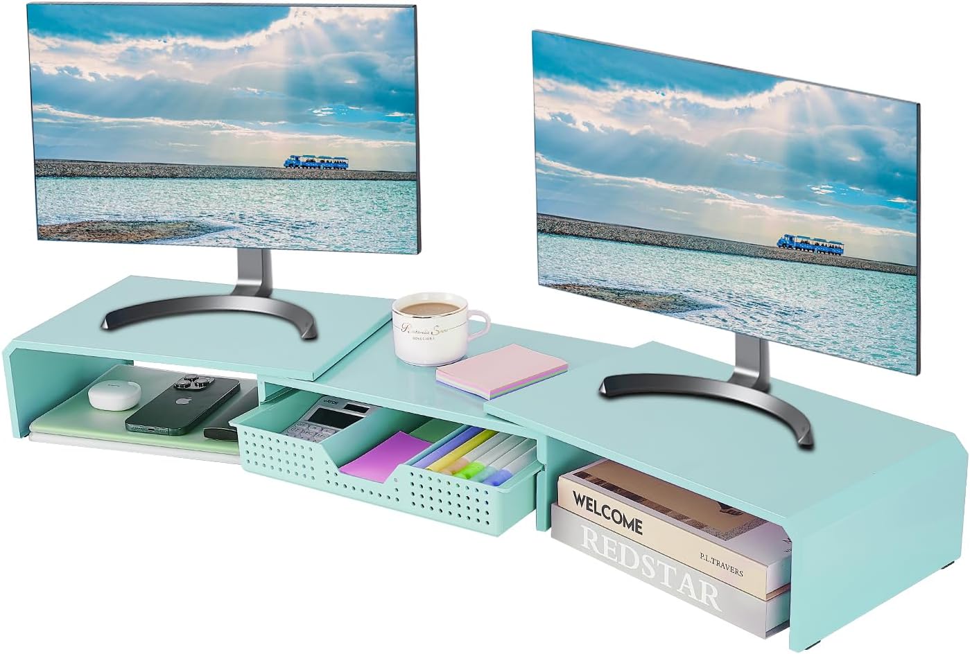 Dual Monitor Stand Riser with Drawer, Desk Organizer and Accessories, Metal Laptop Stand for Desk, Workspace Desktop Stand for Computer, Laptop, TV and More (Sky Blue)
