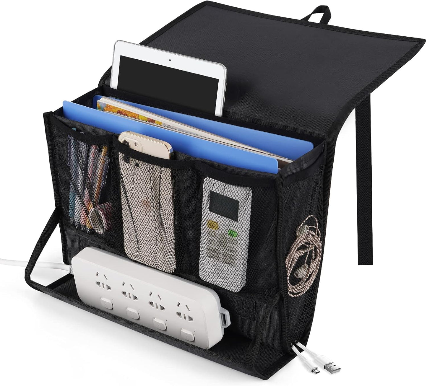 Bedside Storage Organizer with Power Strip Holder and Adjustable Straps Bed Hanging Bag for Home Bunk Bed Dorm Sofa (Black)