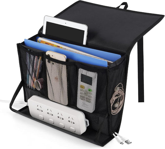 Bedside Storage Organizer with Power Strip Holder and Adjustable Straps Bed Hanging Bag for Home Bunk Bed Dorm Sofa (Black)