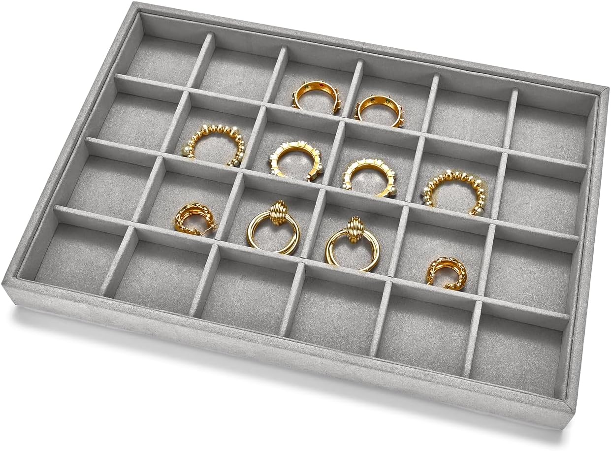 24 Grids Jewelry Tray Earring Organizer Tray Ring Earrings Holder Jewelry Drawer Organizer Storage Display Holder (Grey)
