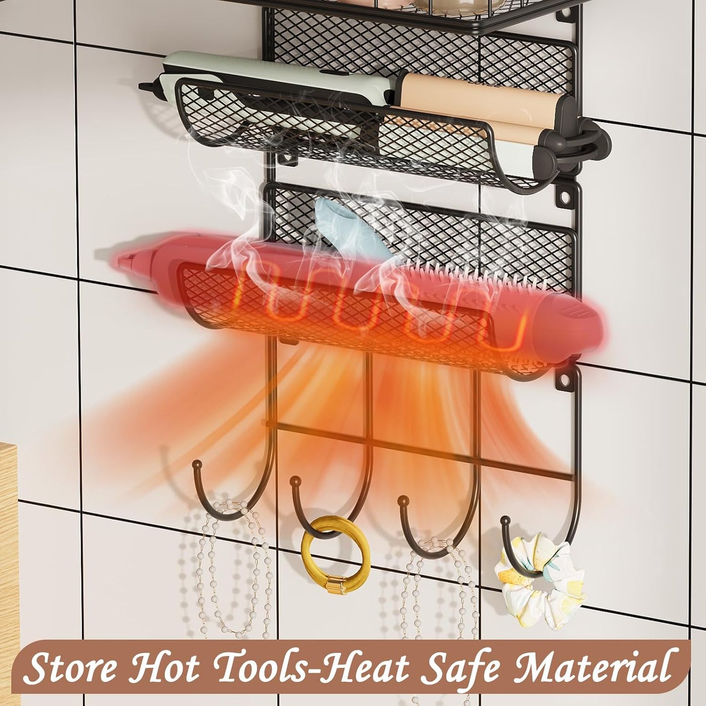 4 tiers Hair Dryer Holder Styling Tool Organizer Wall-Mounted Storage Wire Basket with Hook Heat Safe Rack for Hair-Straighteners,Curling Wands,Flat Iron,Perfume,Cabinet Door Bathroom