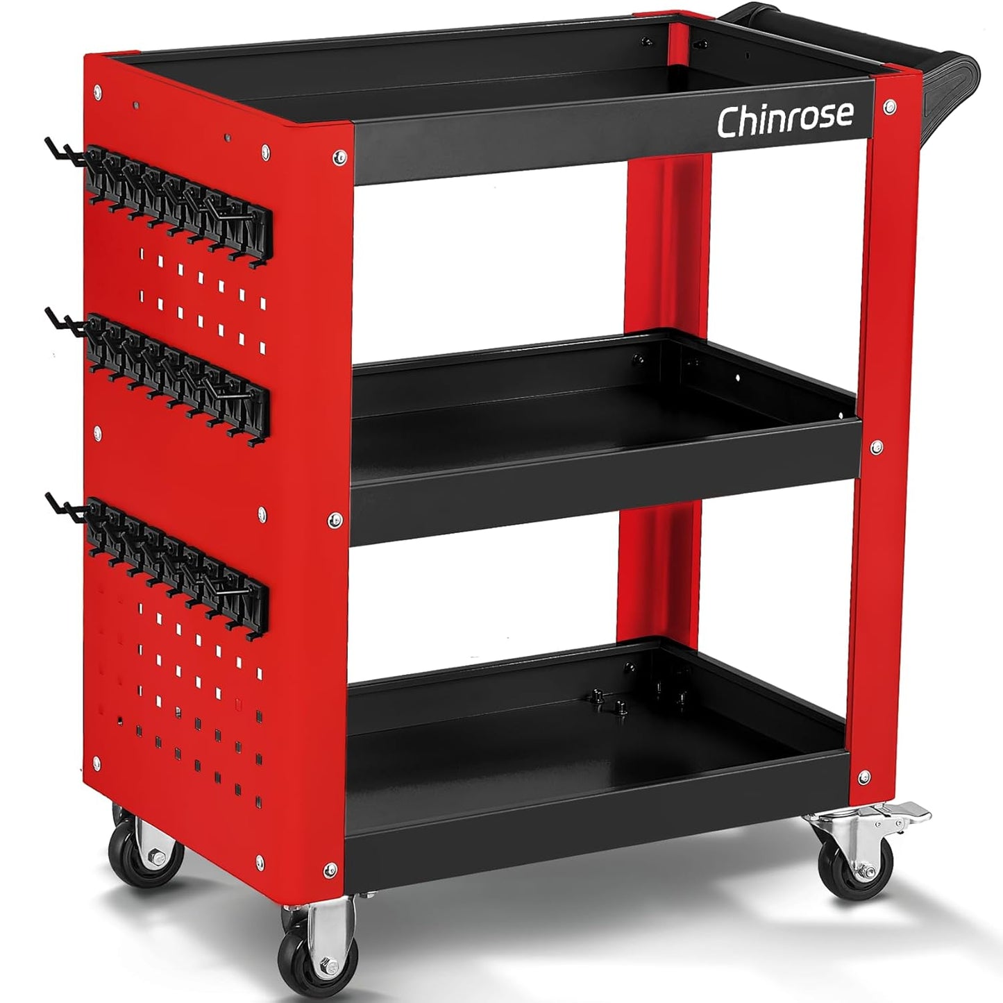 3 Tier Rolling Tool Cart on Wheels, Mechanic Storage Organizer, Rolling Work Cart with Pegboard for Garage, Workshop, Warehouse (Red and Black)