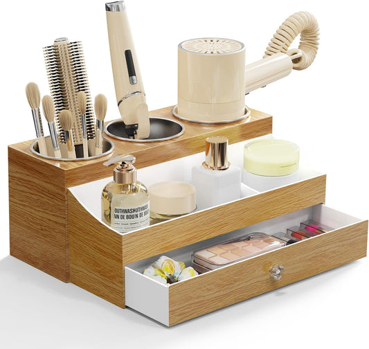 Acrylic Hair Dryer Holder with Drawer, Bathroom Organizer Countertop Drawers with 3 Stainless Cups, Makeup Vanity Accessories, Hair Hot Tools Organizer, Toiletry, Wood