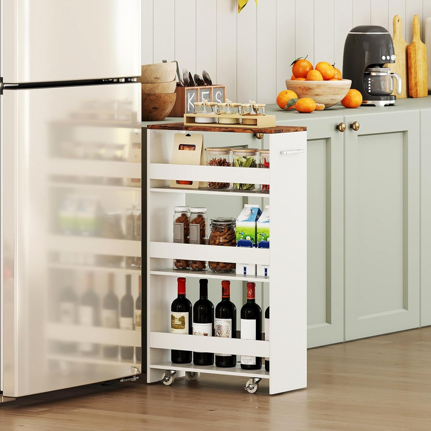 Small Kitchen Cart, 4-Tier Slim Rolling Island w/Handle, Laundry Room Storage Organizers Between Washer and Dryer, Narrow Spice Rack on Wheels Next to Fridge (White & Rustic Brown, 8'')