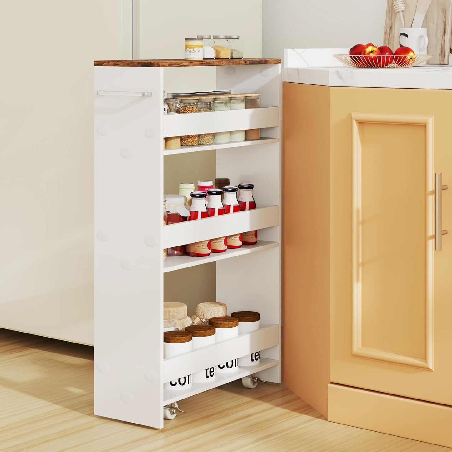 Slim Rolling Storage Cart, 4 Tier Narrow Kitchen Cart with Wheels, Between Washer and Dryer Cart, Wood Shelving Unit Organizer w/Handle for Small Spaces (White & Rustic Brown, 8-Inch)
