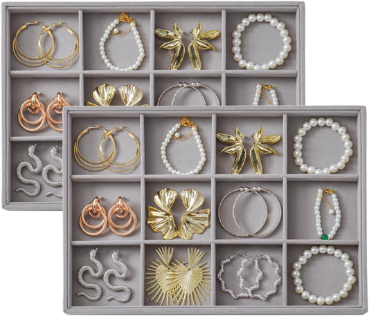 Large Velvet Jewelry Tray 2 Pack Stackable Jewelry Display Drawer Inserts Trays Organizer for Earring Bracelet Necklace Ring (Gray, 12 Grids)