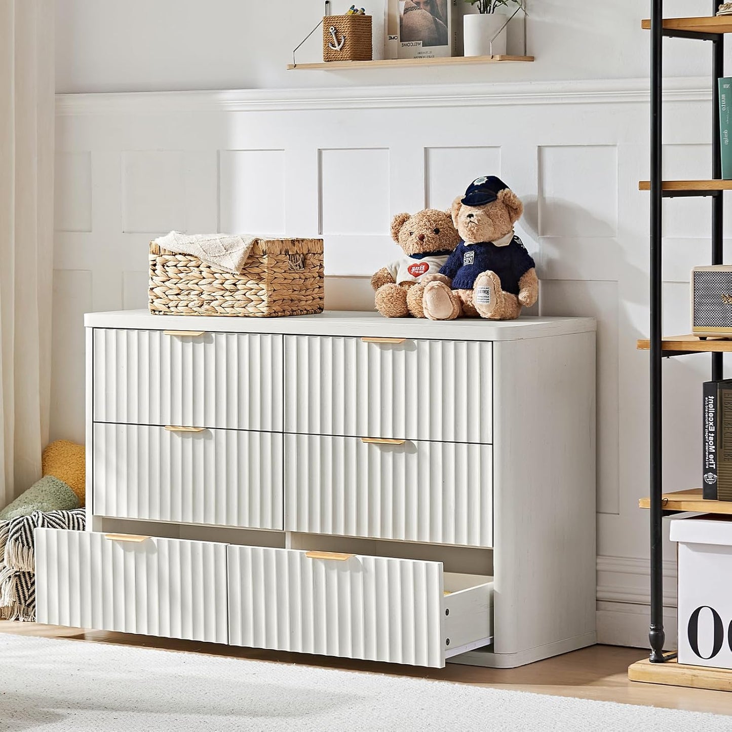 LEYAOYAO Fluted 6 Drawers Dresser, 48" Wide Modern Chest of Drawers with Wood Grain Top, Curved Profile Design, Dresser TV Stand, Wood Drawer Organizer for Bedroom, Living Room, Antique White