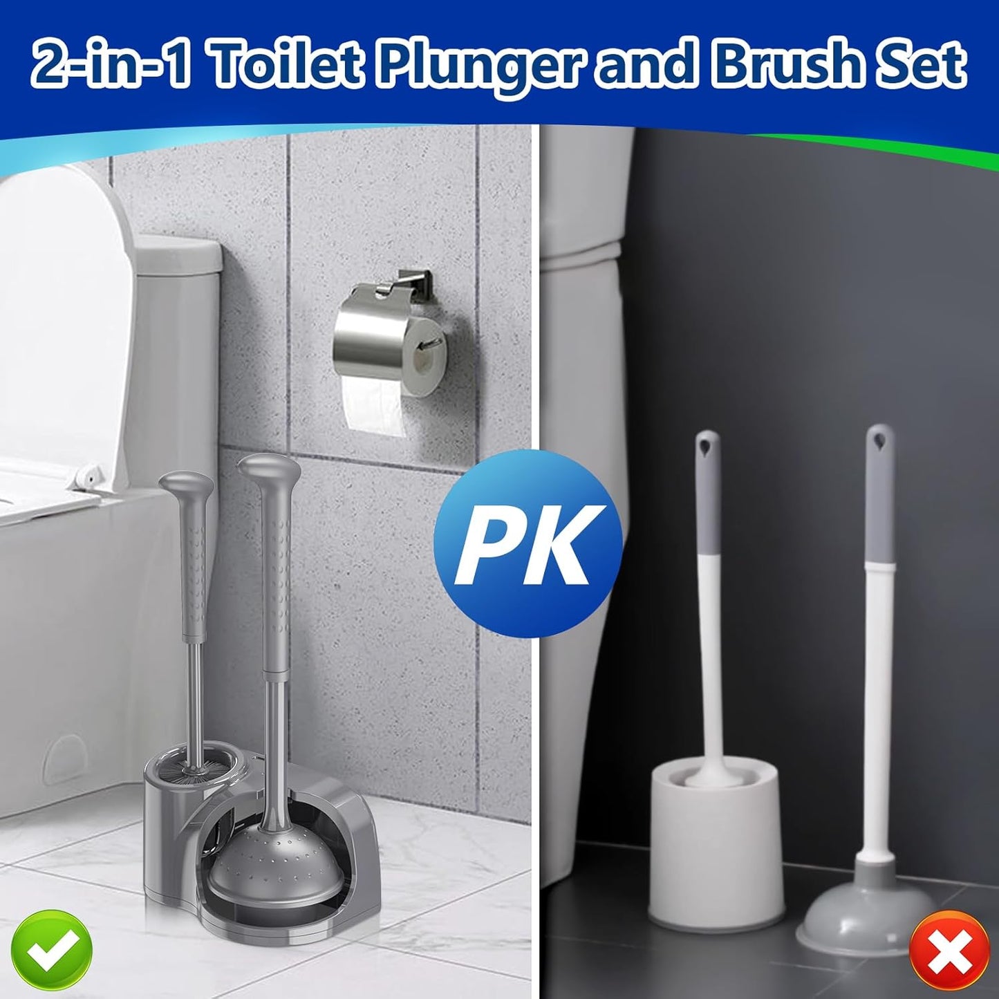 Toilet Brush and Plunger Set: 2-in-1 Heavy Duty Toilet Plunger and Bowl Brush Combo with Holder for Bathroom Cleaning - Grey