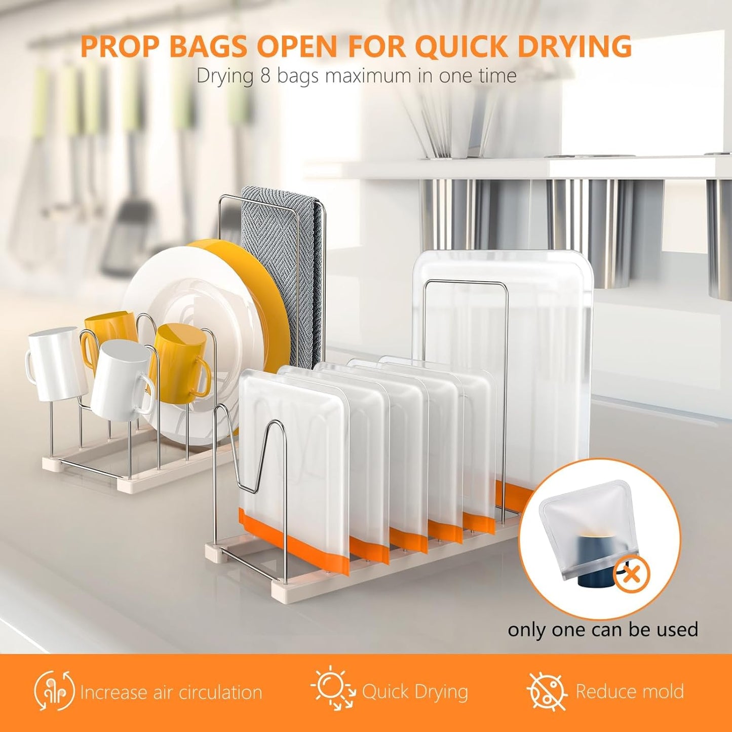 Reusable Bag Drying Rack, Silicone Bag Drying Rack, Dryer Rack for Ziplock Gallon, Snack, Sandwich Bags, Bottle Dryer Rack for Cup & Glasses,Pan Lid & Cutting Board Organizer