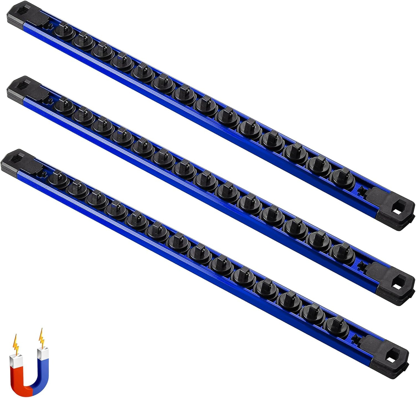 ALOANES 3-Piece Magnetic Socket Organizer, Heavy Duty Aluminum Socket Rails Organizer, 360° Swivel Clips Socket Holder Kit for Tool Box, 1/4-Inch Socket Holder x 42 Clips (Blue)