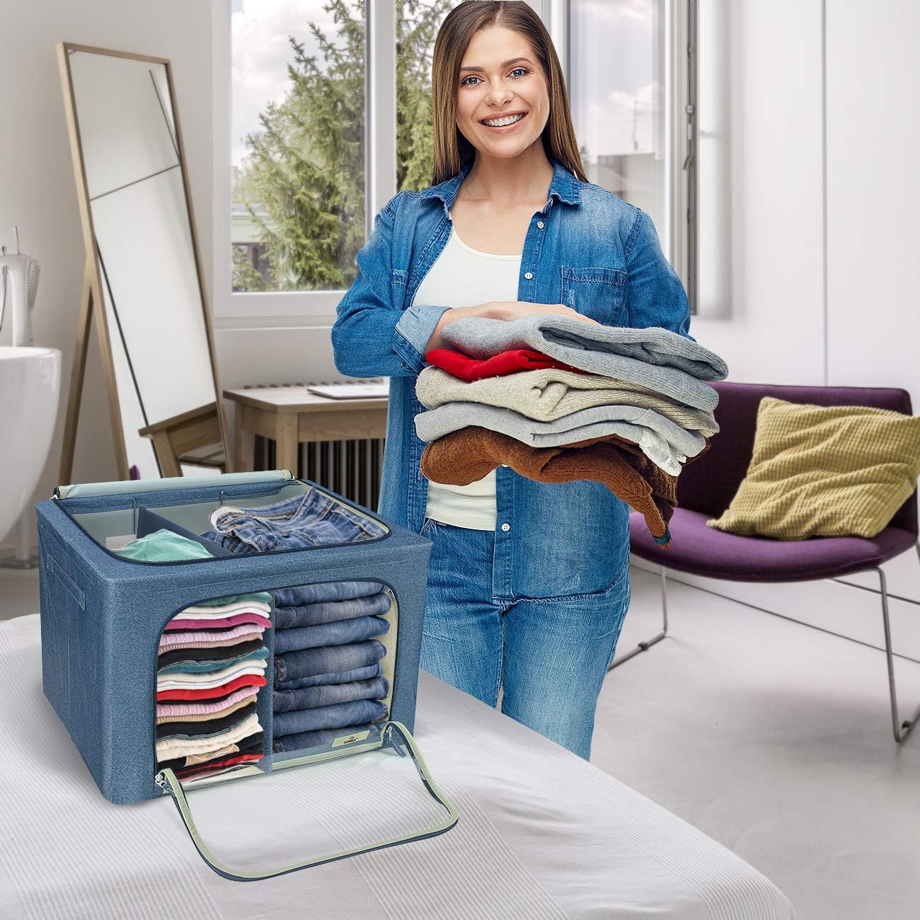 Sorbus Storage Bins with Divided Interior - Large Stackable & Foldable Organizer Containers with Metal Frame, Oxford Fabric, Large Window & Carry Handles - Organization for Bedroom, Linens & Clothes