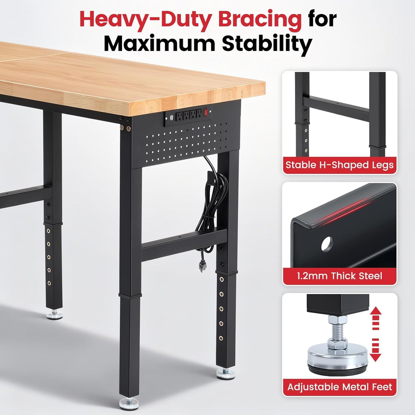 Workbench 72 x 24 Inch Heavy Duty Adjustable Height Work Table with Power Outlets & Extended Pegboard 5000 lbs Load Capacity for Garage, Workshop, Home, Office