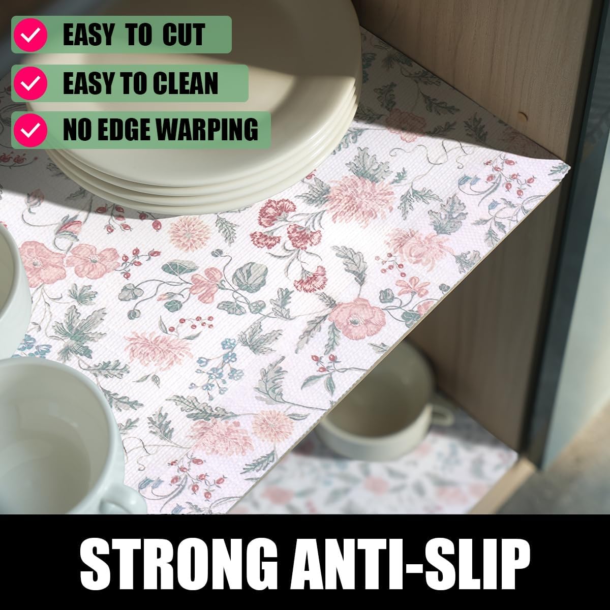 Floral Drawer and Shelf Liner for Cabinets, Non-Adhesive and Strong Non-Slip Shelf Cabinet Drawer Liners for Kitchen, Table,Bookshelves,Waterproof Cupboard Liners,Easy to Clean,12IN x 10FT