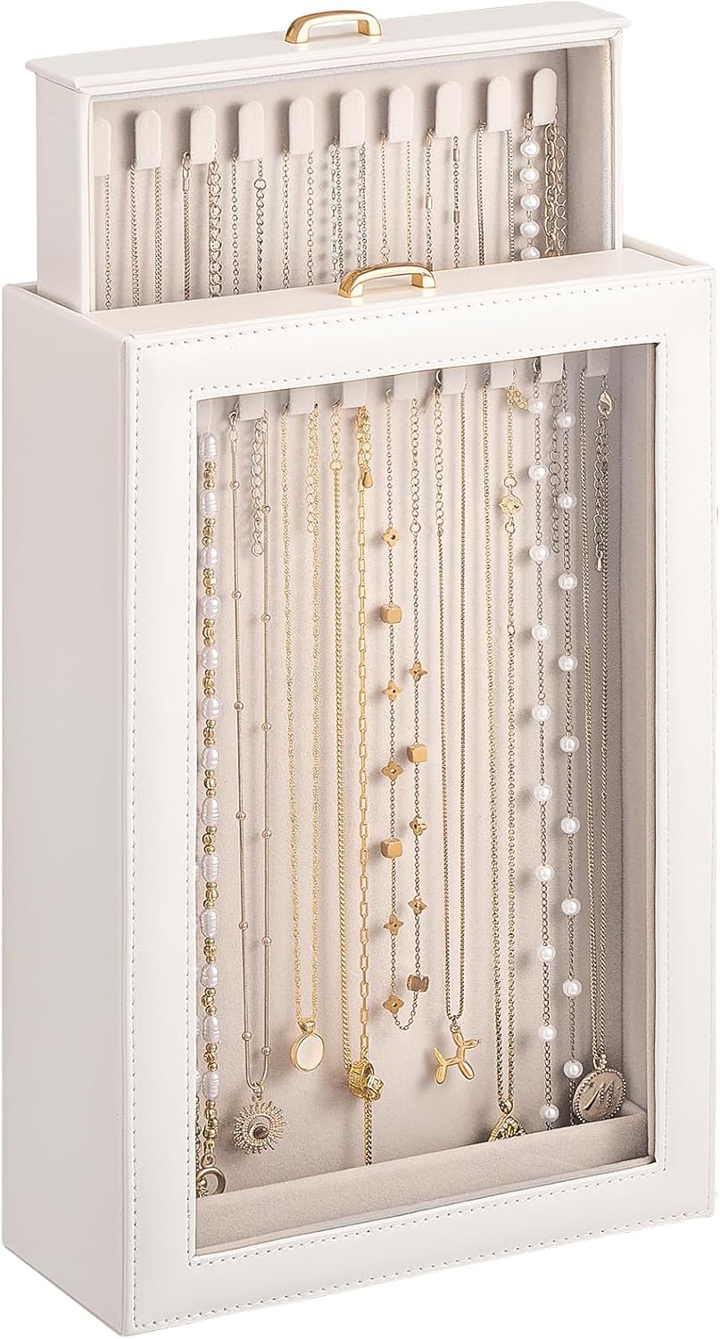 Lolalet Necklace Organizer Box, 2-Layer Jewelry Storage Boxes with Clear Lid for Necklaces, Tangle-Free Necklace Display Case for Women Girls -White
