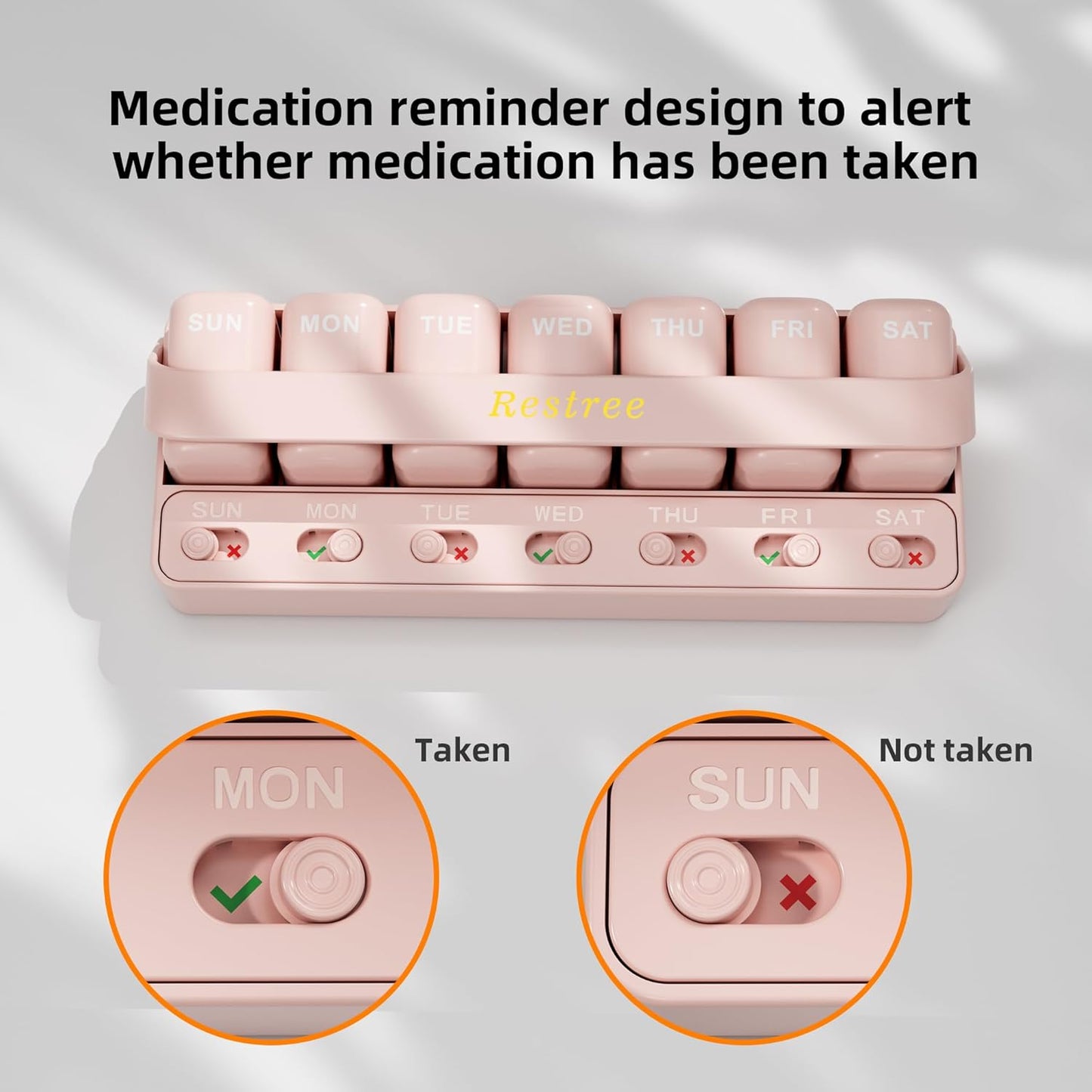 Restree Weekly Pill Organizer 7 Day one time a Day with Reminder, Detachable Travel Pill Case, Large Capacity Medicine Organizer for Vitamins, Supplements & Daily Medications (Pink)