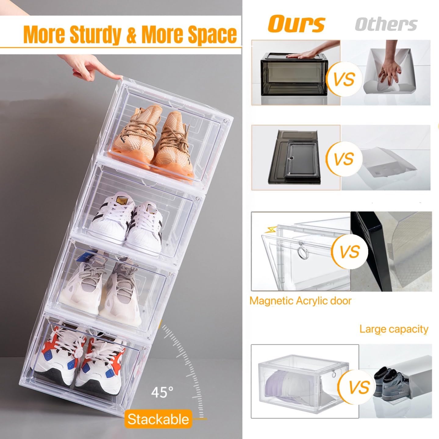 Attelite X-Large Clear Plastic Shoe Boxes - Stackable Shoe Organizer with Magnetic Door, Drop Front Display Box (9 Pack, Clear Black)