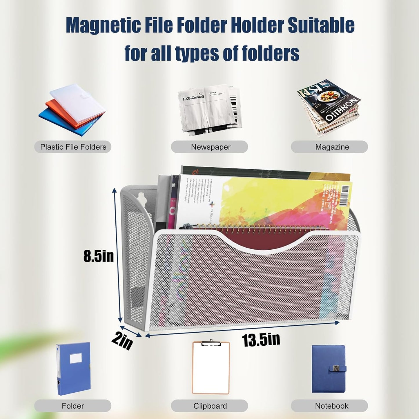 2 Pockets Magnetic File Holder for File Cabinets, Folder Holder Organizer- No Drilling Paper Document Holder, Large Capacity Office Hanging Magazine Rack for Refrigerator, Whiteboard, Office, Kitchen