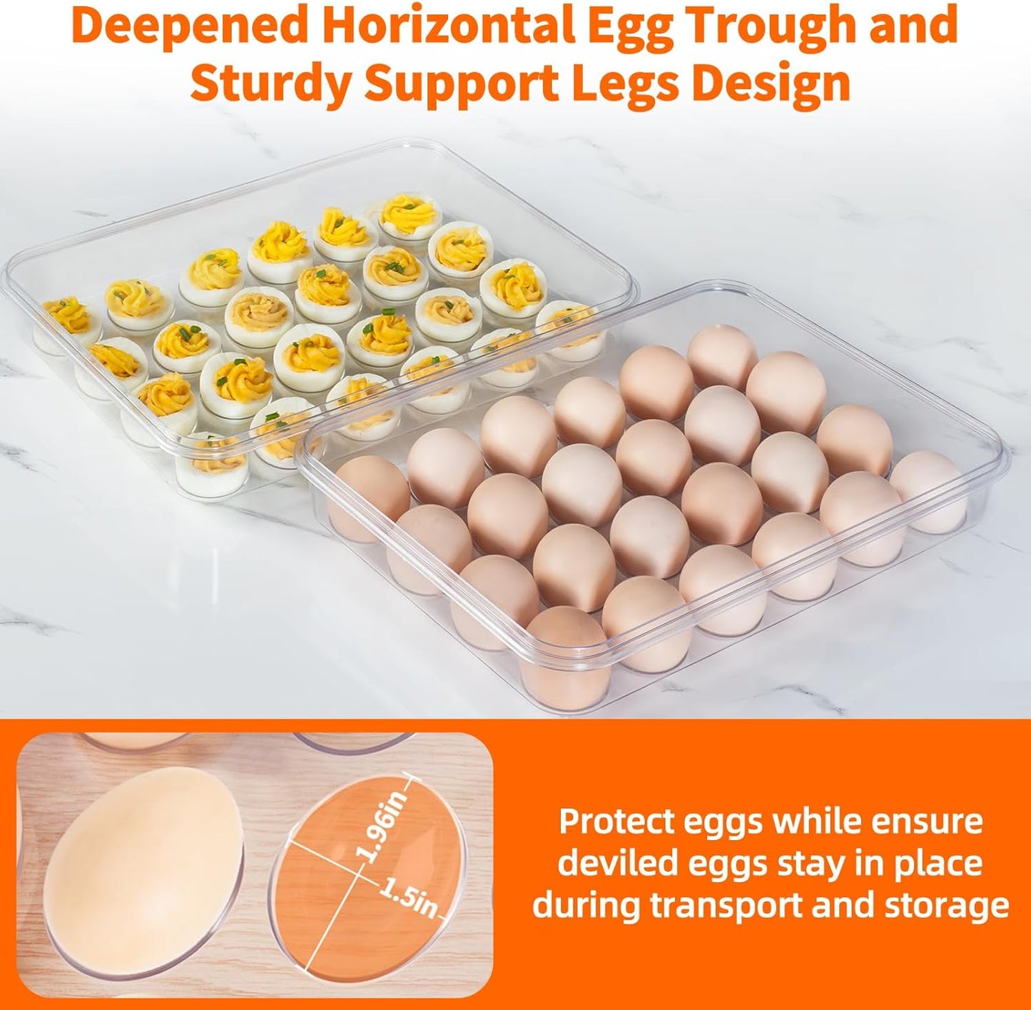 2 Pack Deviled Egg Containers with Lid and Handle, Durable Clear Plastic Deviled Egg Carrier Storage 48 Eggs, Stackable Egg Holder for Fridge, Portable Tray Platter for Party & Picnics-White