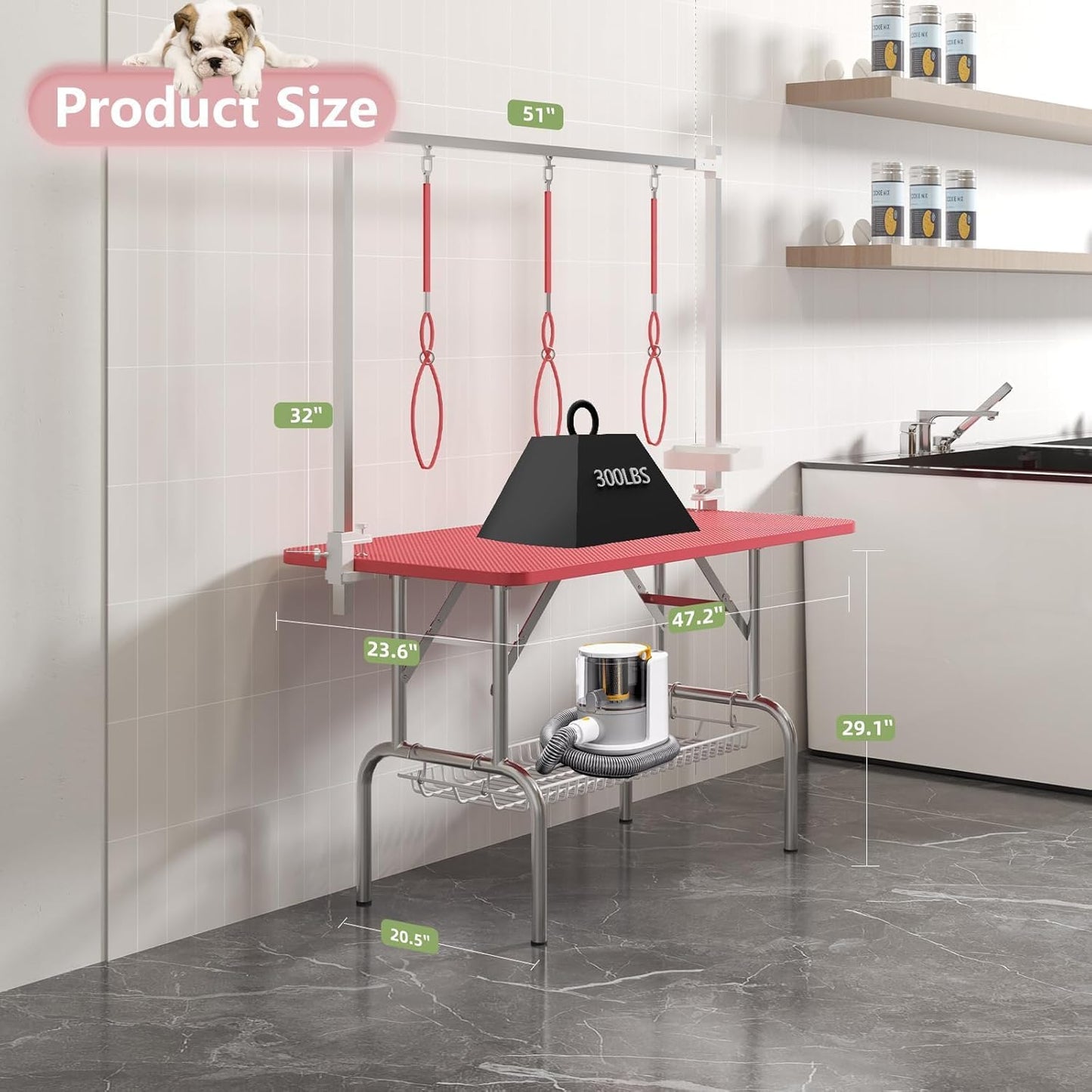 47'' Dog Grooming Table for Large Dogs, Foldable Grooming Table for Dogs at Home with Adjustable Arm & Clamp, Non-Slip Waterproof Top, Mesh Tray & Tool Holder, Stainless Steel Legs, 330LBS Capacity