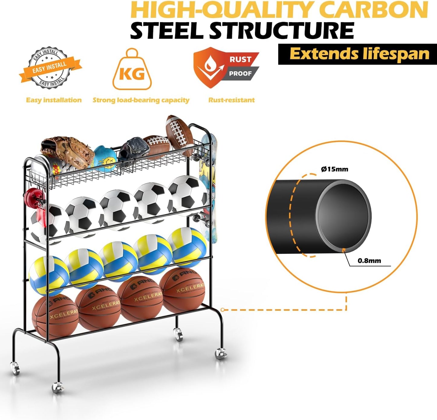 Ball Storage - Basketball Cart With Wheels Garage Volleyball Storage Sport Equipment Holder Organizer For Indoor Outdoor,Metal Storage Rack For Playgroup,Gym And School