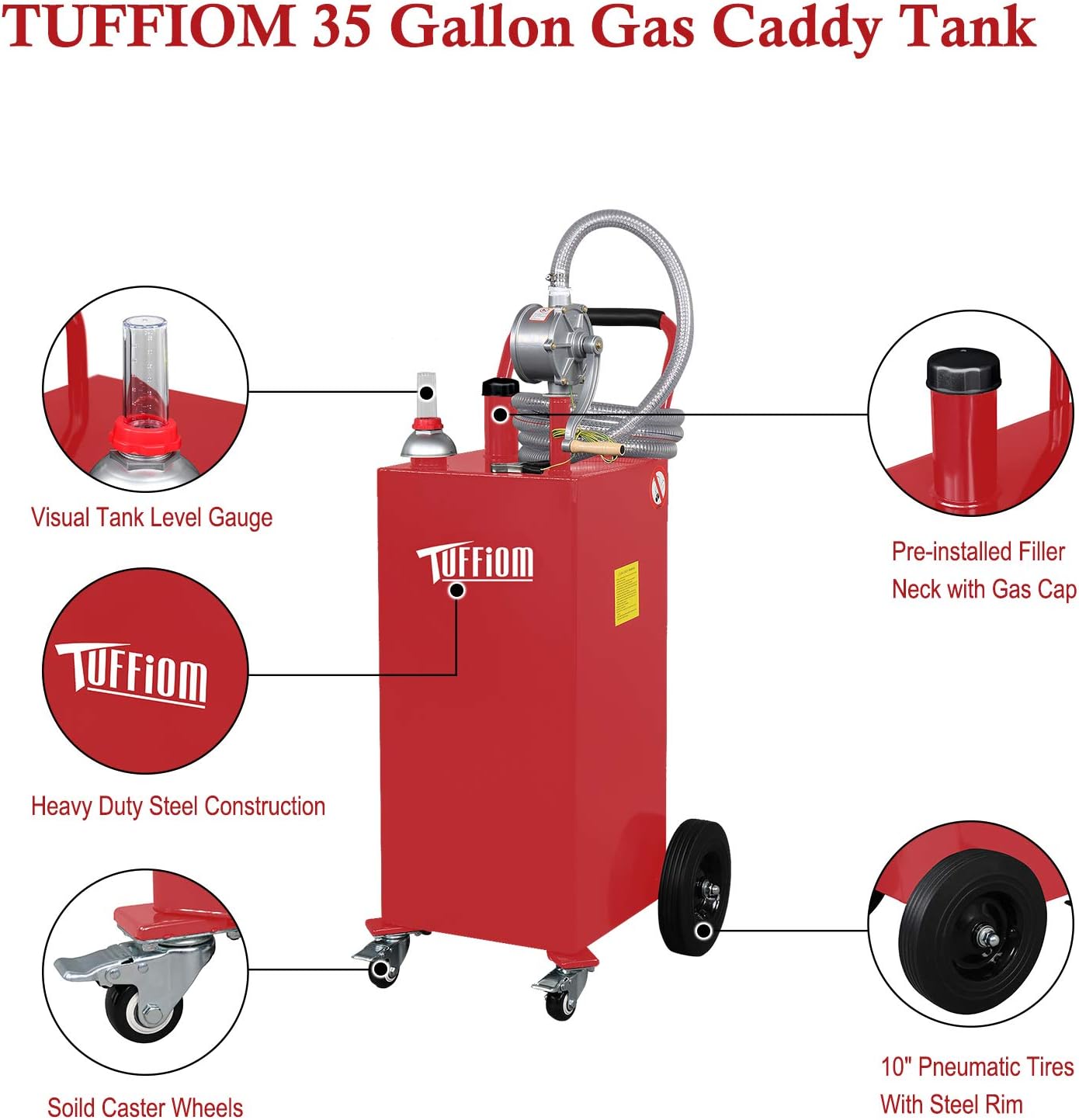 TUFFIOM 35 Gallon Fuel Gas Caddy w/Wheels & Manual Siphon Pump, Portable Diesel Fuel Transfer Storage Tank w/11.9ft Hose, Gasoline Can Container for ATV Car Mowers Tractor Boat Motorcycle