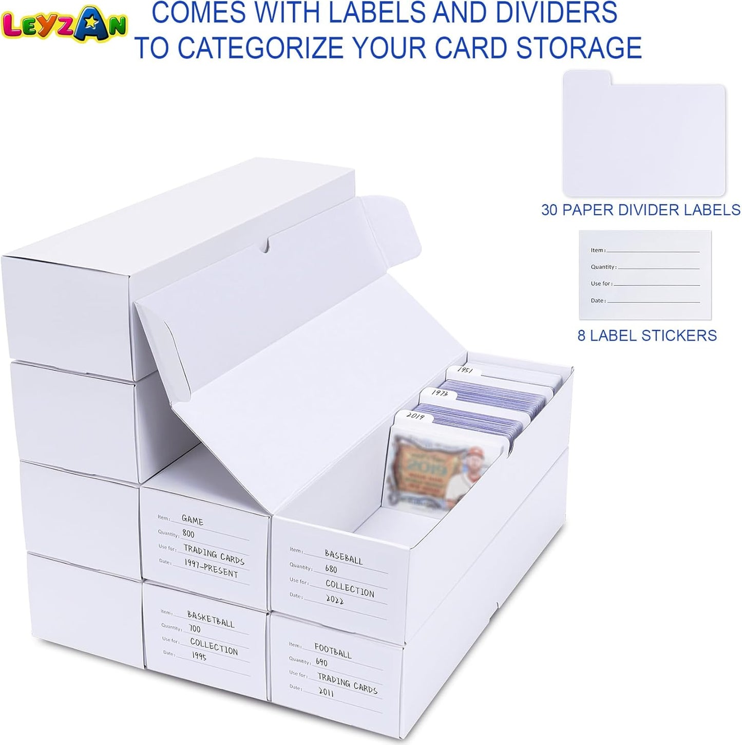 Trading-Card Storage Box, 8-Pack • 1000 Count Corrugated Cardboard Storage Box with dividers & labels for TCG/Magic/Mtg storage and Collection, 14.4 INCH Horizontal