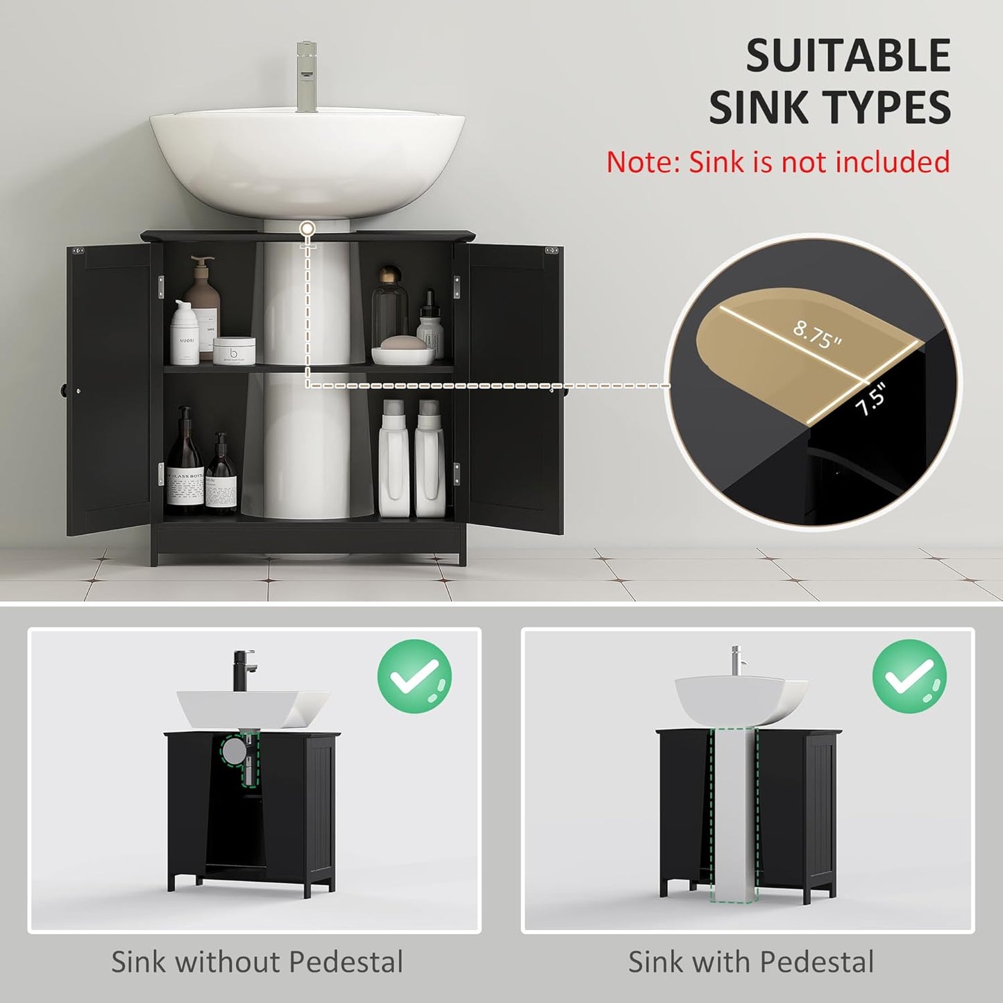 HOMCOM Under Sink Bathroom Cabinet with 2 Doors and Shelf, Pedestal Sink Bathroom Vanity Cabinet, Black