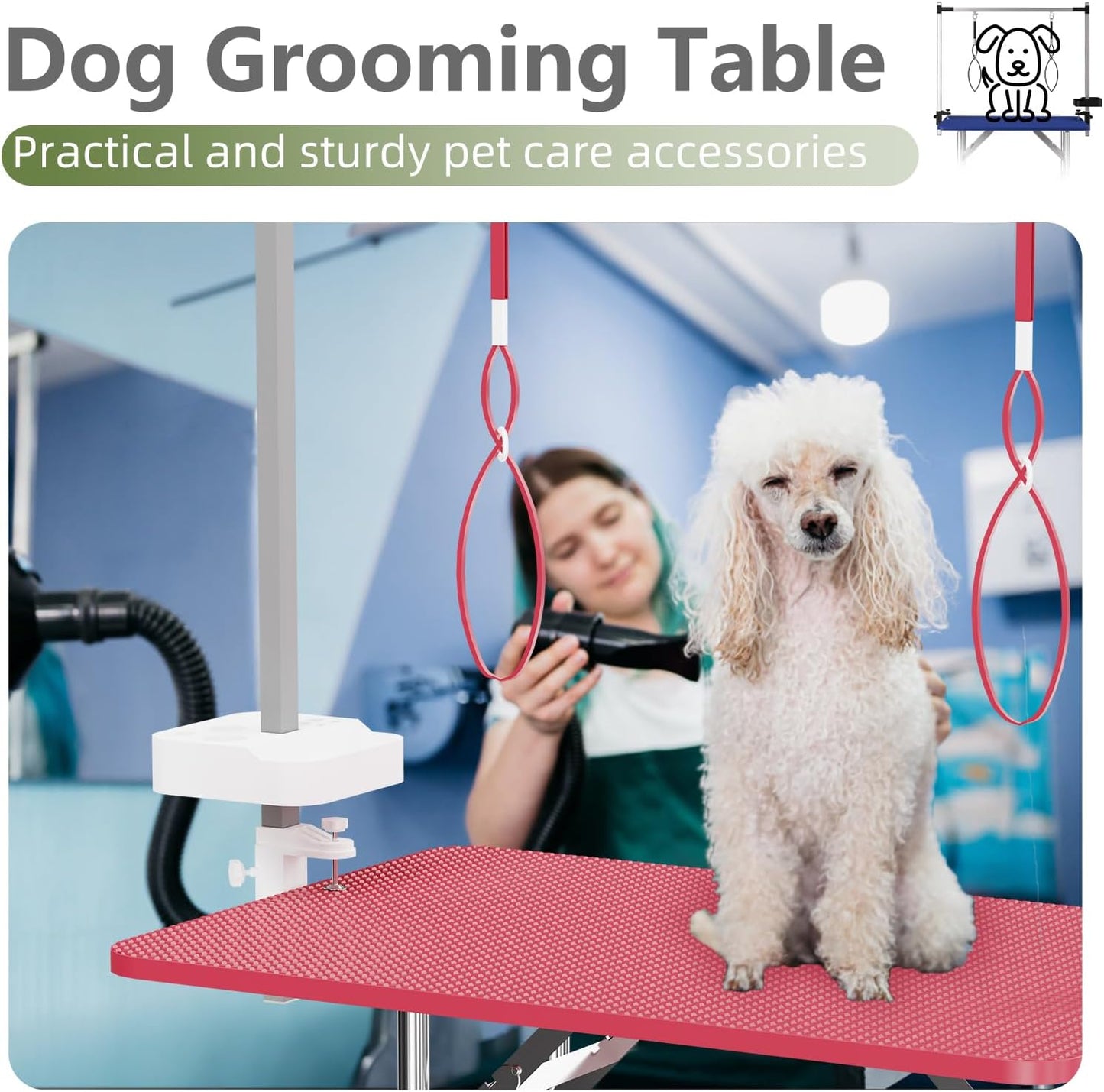 VFK 36''/47''Large Dog Grooming Table, Foldable Pet Station at Home, Dog Grooming Table,Adjustable Cat Drying Desktop with Arms, Nooses, Mesh Tray (Stainless Steel pet Table, 36" Pink)