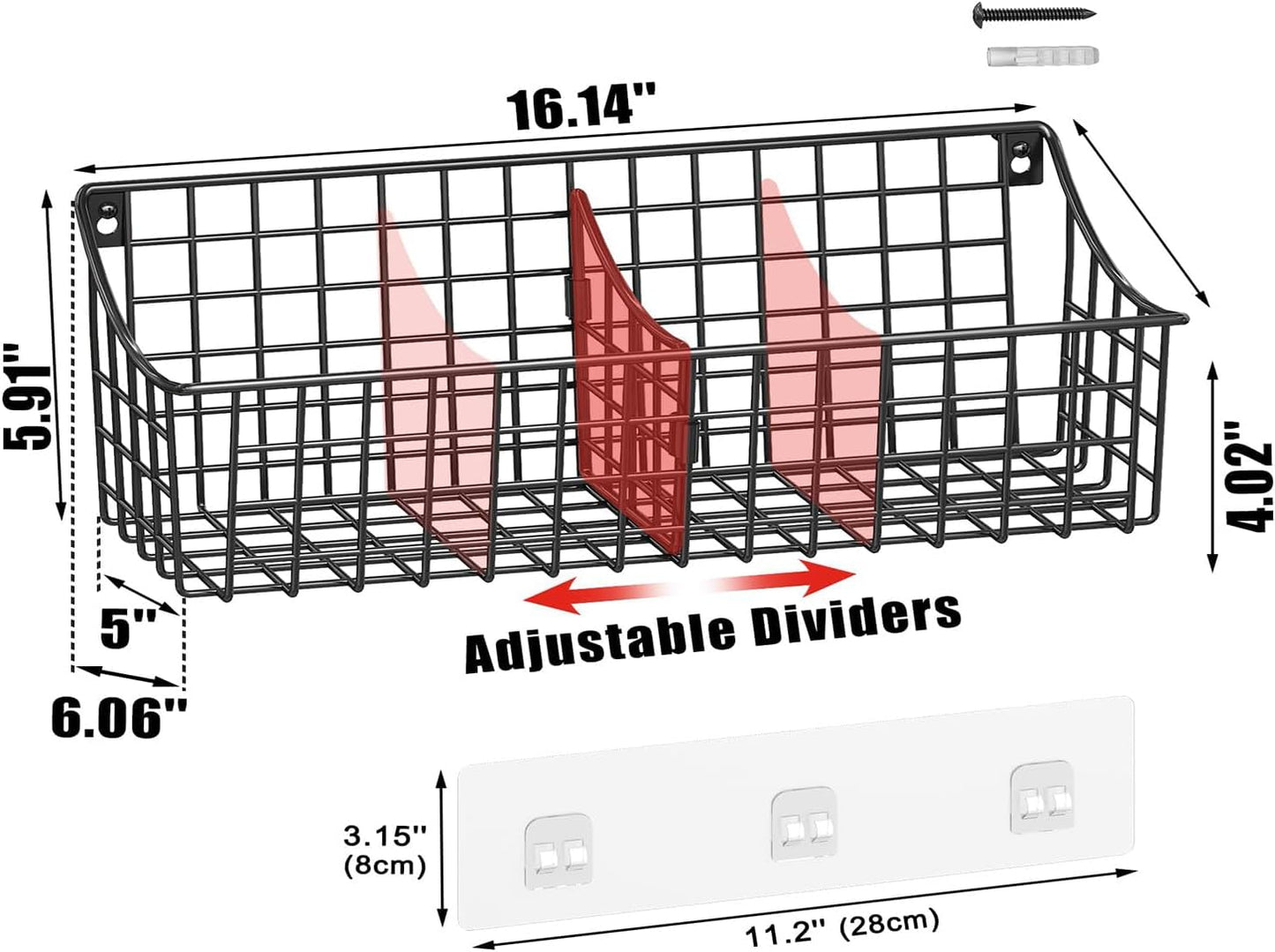 4 Pack EXTRA LARGE Hanging Wall Mount Storage Baskets With Divider, Metal Wire Basket With 4 Strong Adhesive Hooks +5 S Hooks,Organizing Wall Shelf for Home Kitchen Bathroom Pantry Garage RV, Black
