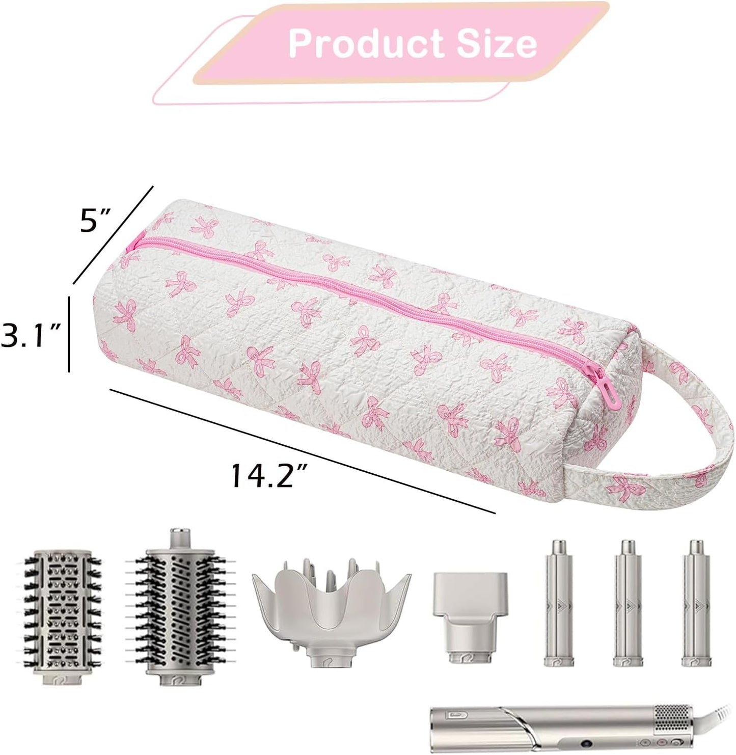 Quilted Hair Tools Travel Bag，Hair Styling Accessories Storage Case for Shark FlexStyle, Dyson Airwrap Hair Dryer, Curling Iron, Revlon Hair Tools，Portable and foldable(01Pink Bow)