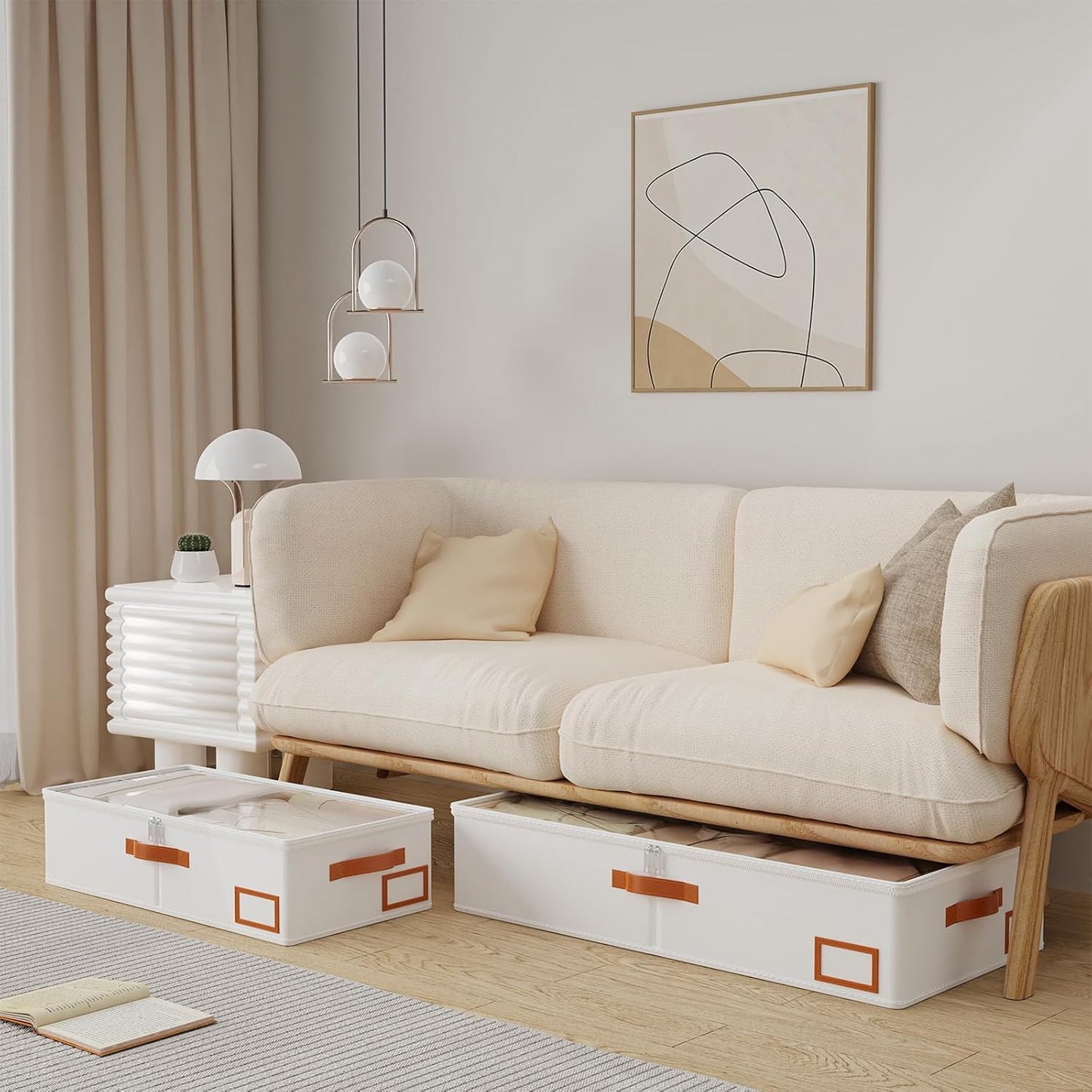 Yawinhe Under Bed Storage, 4 Pack Closet Organizers, Collapsible Container Bags, with Sorting Card Slot and 4 Leather Handles, for Blanket, Bedding, 23.6''Lx11.8''Wx6''H, Beige