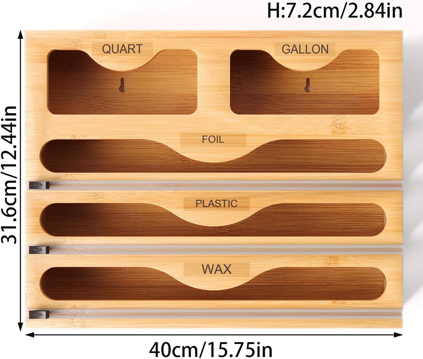 Foil Dispenser – Wood 40x31.6x7.2cm | Wrap Organizer With Cutter | Roll Organizer Holder For Aluminum F-oil - Large-Capacity Aluminum Foil Wax Wrap Holder | 5-in-1 Multifunctional Kitchen Or-ganizer