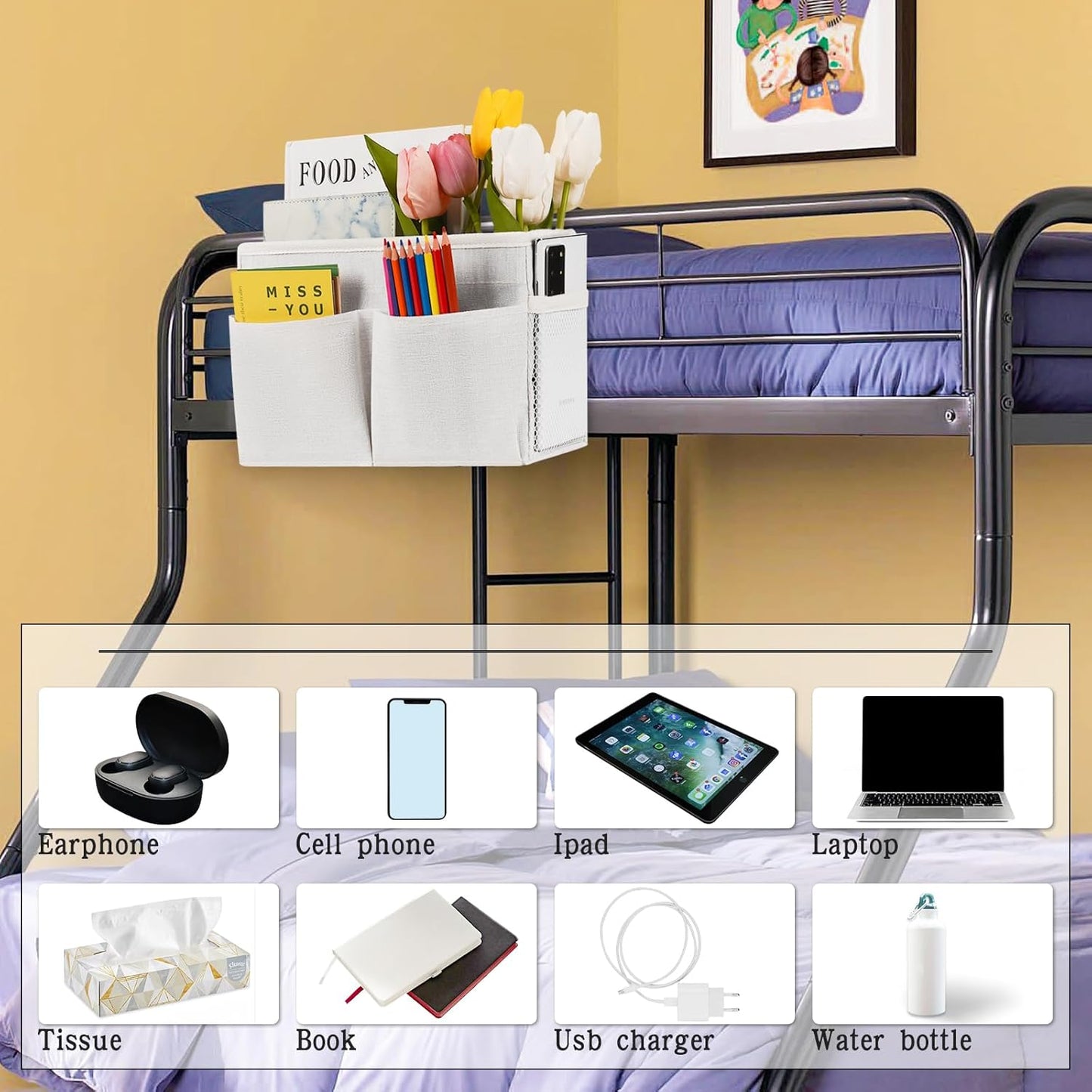 Bedside Hanging Storage Basket Headboards Bunk Beds Dorm Rooms Organizer Caddy for Storage (2Pack White)
