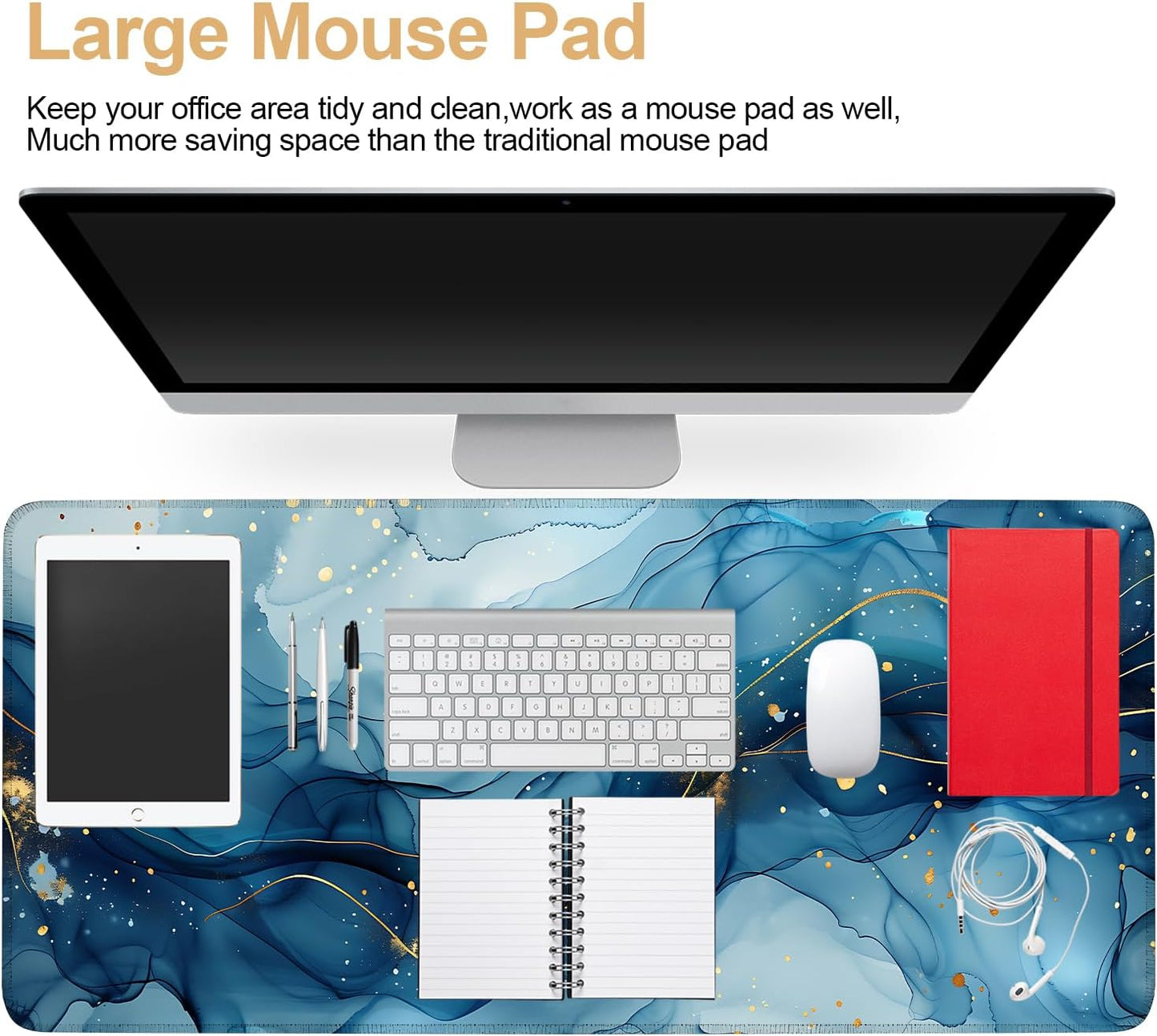 Large Mouse Pad, Blue Abstract Marble Desk Mat, Extended Gaming Mouse Pad with Non-Slip Rubber Base, Thick 3mm Smooth Surface Keyboard Mat for Office & Home,35.5 x 15.8 in