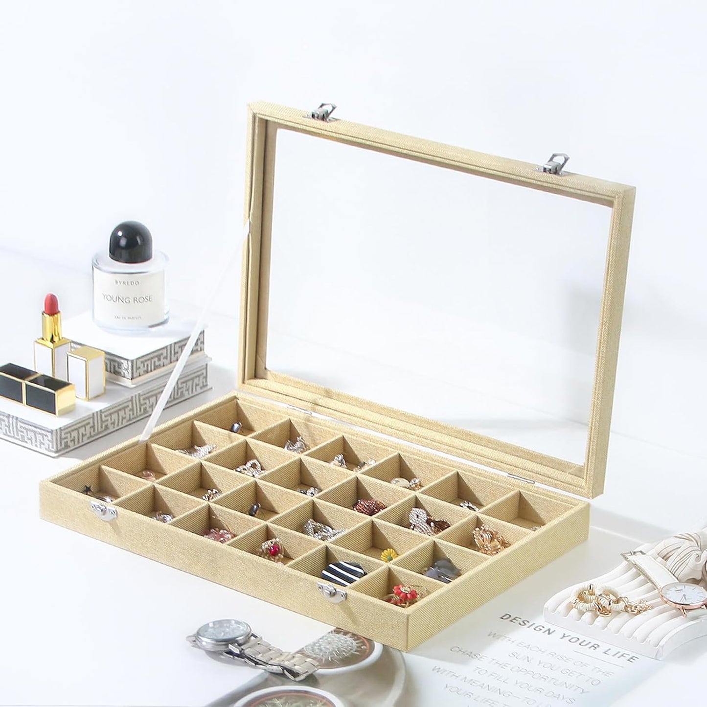 Coward Jewelry Organizer Box, Yellow Linen 24 Grids Ring Earring Jewelry Display Tray Case with Transparent Glass Lid for Home Drawer or Shop Selling