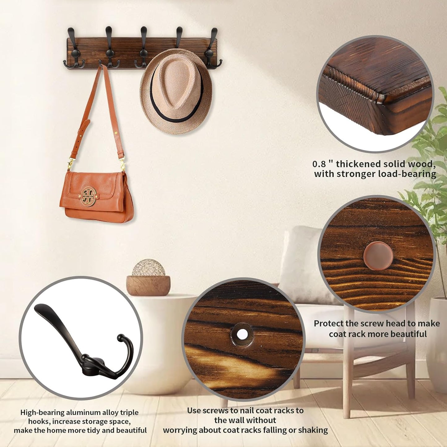 2 Pack Coat Rack Wall Mount 16.8'' Rustic Hat Rack with 5 Triple Hooks Coat Hooks Wall Mount Farmhouse Wall Hooks for Hanging Coat, Bags, Towels