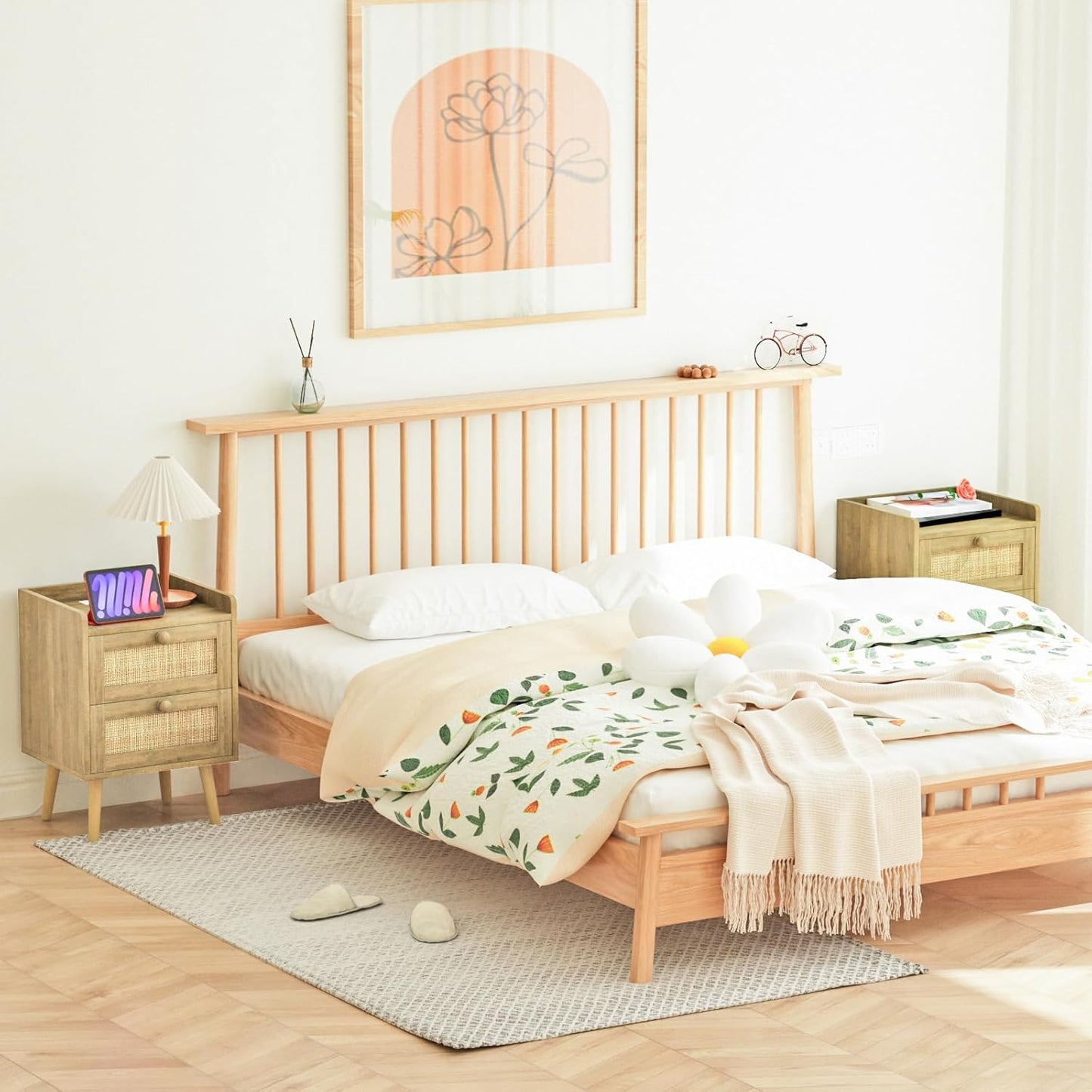 Rattan Nightstand with Charging Station Set of 2, Mid Century Modern Bedside Side Table with 2 Drawers, Boho End Table with Wood Legs for Bedroom Natural Night Stand for Living Room