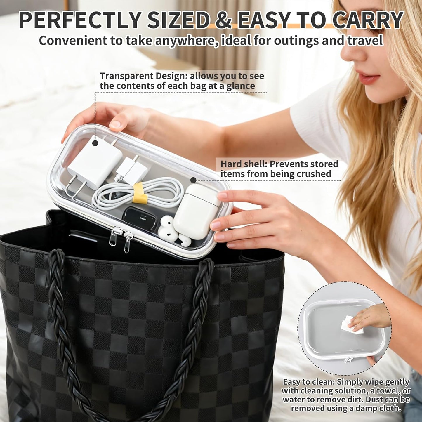 2 PCS Clear Electronics Organizer Travel Case, Waterproof Cable Storage Box with 8 Wire Ties, Hard Shell Zipper Cases for Cord, Phone, Airpods, Mouse, Toiletry Pouch, Cosmetic Bag, Medium & Small