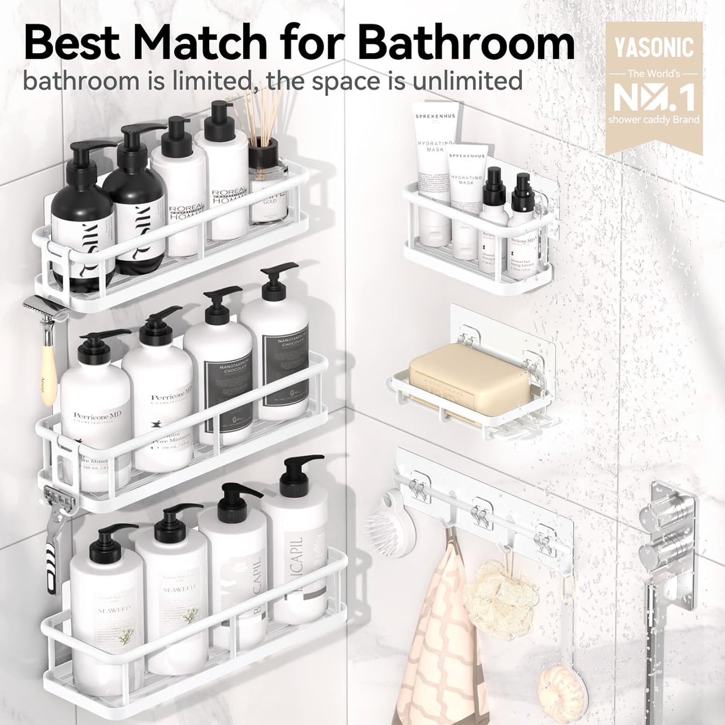 YASONIC Shower Caddy, 6 Pack Large Capacity shower organizer with Soap Holder and 12 Hooks, Rustproof Shower Shelves for Inside Shower, No Drilling&Sleek Bathroom Organizers and Storage White