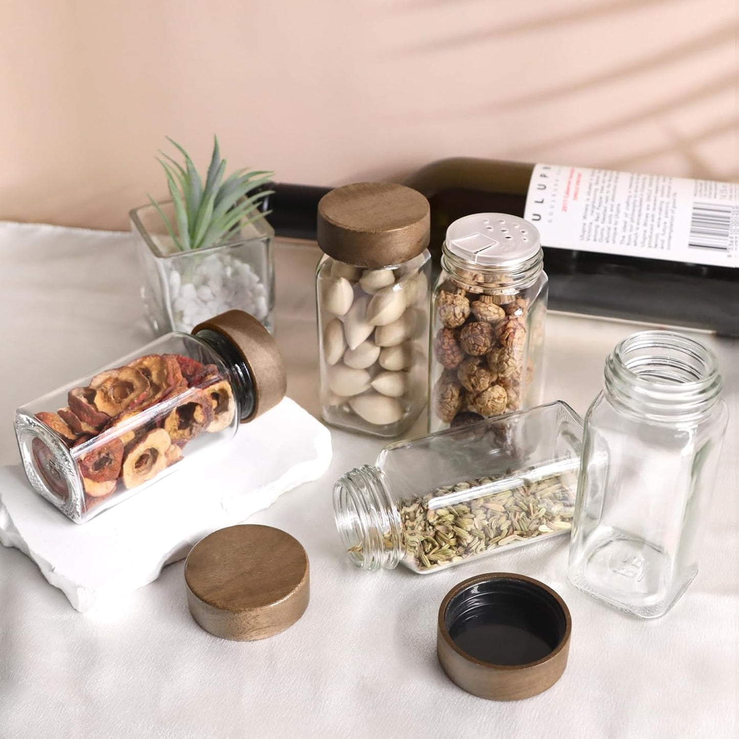 ZEHIQ 30Pcs Glass Spice Jars with Acacia Wood Lids, 4 oz Square Seasoning Containers with Labels, Seasoning Jars with Shaker Lids, Chalk Pen, Funnel, Cleaning Brush, Spice Bottles for Cabinet, Drawer