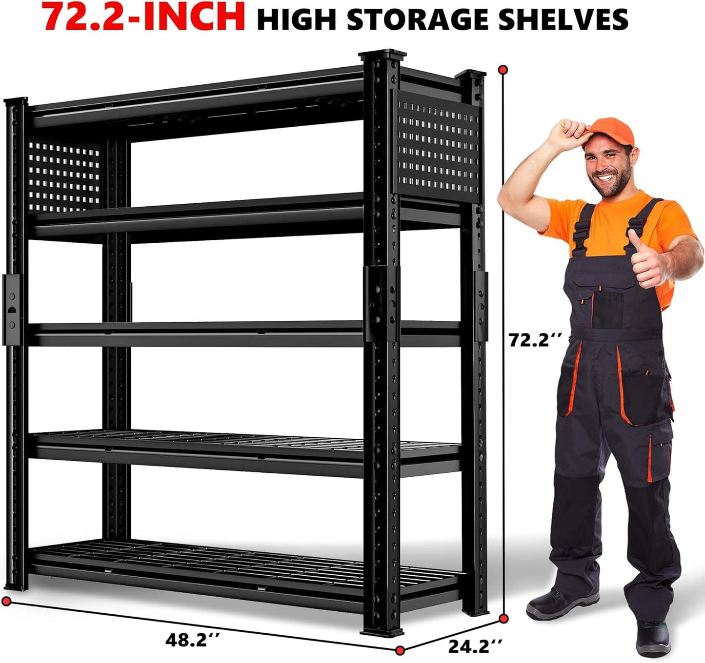 SILVEL 48.2" W Garage Shelving, 5000LBS Heavy Duty Metal Shelving, 2025 Grid Storage Shelves with 2 Side Pegboards, Industrial 5 Tier Shelves for Basement Pantry Warehouse Supermarket, 6 Pack
