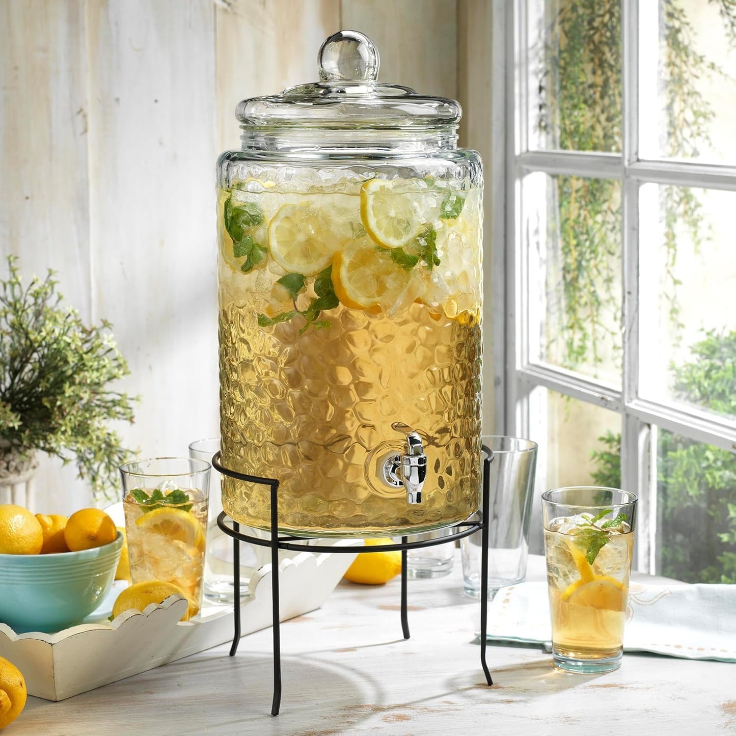 HC Classic Hammered Glass Ice Cold Beverage Drink Dispenser - 3 Gallon, With Glass Lid and Antique Metal Stand, 100% Leak Proof Spigot- Wide Mouth Easy Filling For Outdoor, Parties & Daily Use
